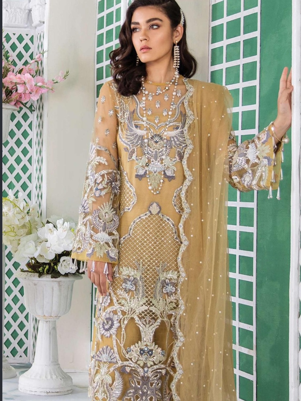 Suffuse Women’s Pakistani Shilwar Kameese Embellished Gold Beaded Evening Dress